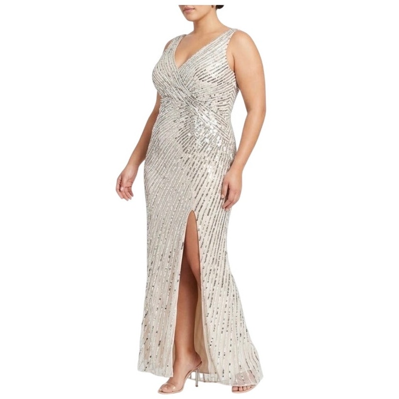 Mac Duggal 5372 Silver Column Evening Gown Sequined V-Neck Formal Dress Size 14